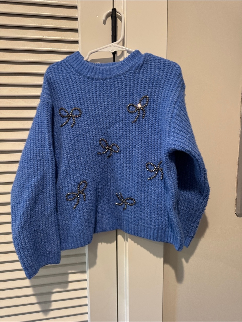Zara Cornflower Blue Beaded Bow Crewneck Sweater